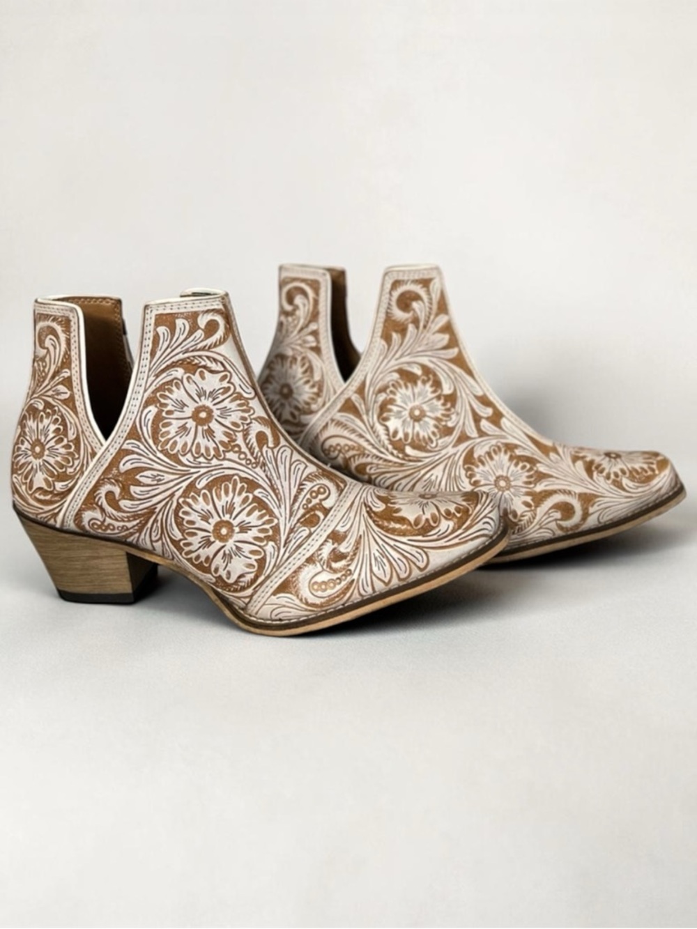 Myra Bag Hand-Tooled Genuine Leather Ankle Boot Boho Western Cowgirl Cream